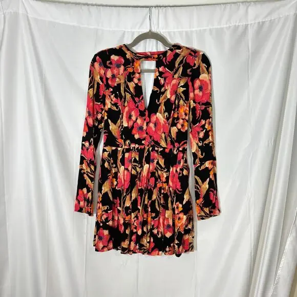 Free People Tegan Black Orange Floral Mini Dress Long Sleeves Keyhole Size 0 - Picture 3 of 8